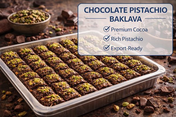 Chocolate Pistachio Baklava Chocolate pistachio baklava — modern baklava flavor for export gifting and premium retail