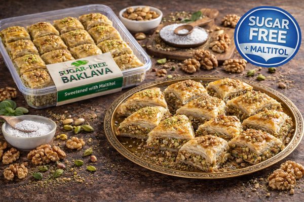 Sugar-Free Baklava (Maltitol) Sugar-free baklava made with maltitol syrup — export-friendly option for sugar-conscious markets